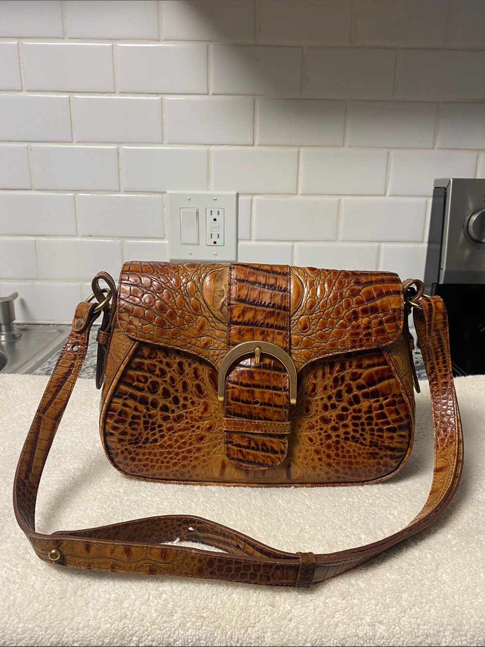 Brahmin Brown Croc-Embossed Leather Crossbody with Gold Buckle